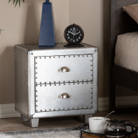 Baxton Studio JY17B170-Silver-NS Davet French Industrial Silver Metal 2-Drawer Nightstand